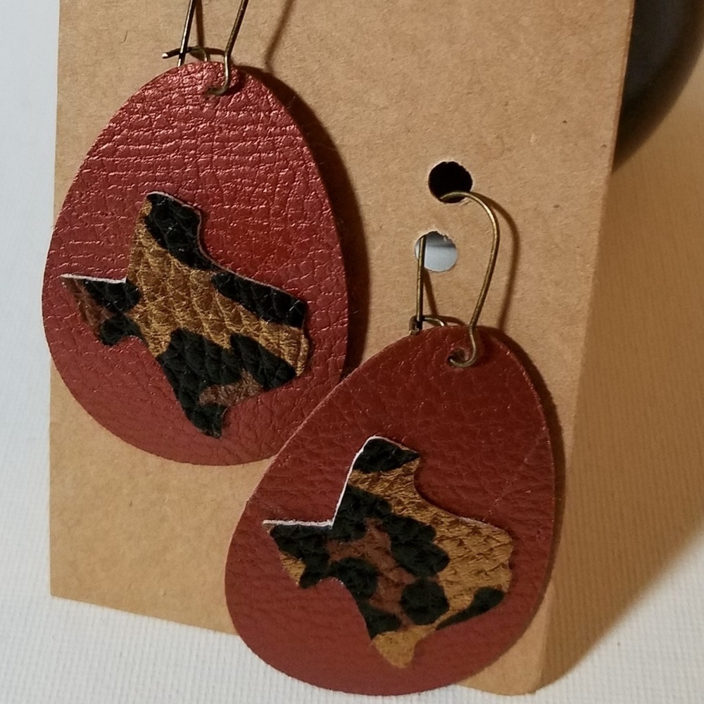 Pleather Drop 2" Earrings Handmade Texas Leopard
